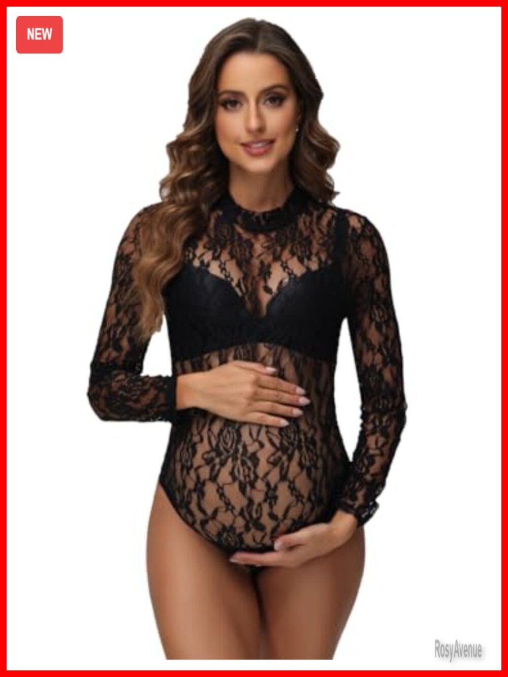 Sheer Floral Lace Maternity Bodysuit Long Sleeve Photoshoot